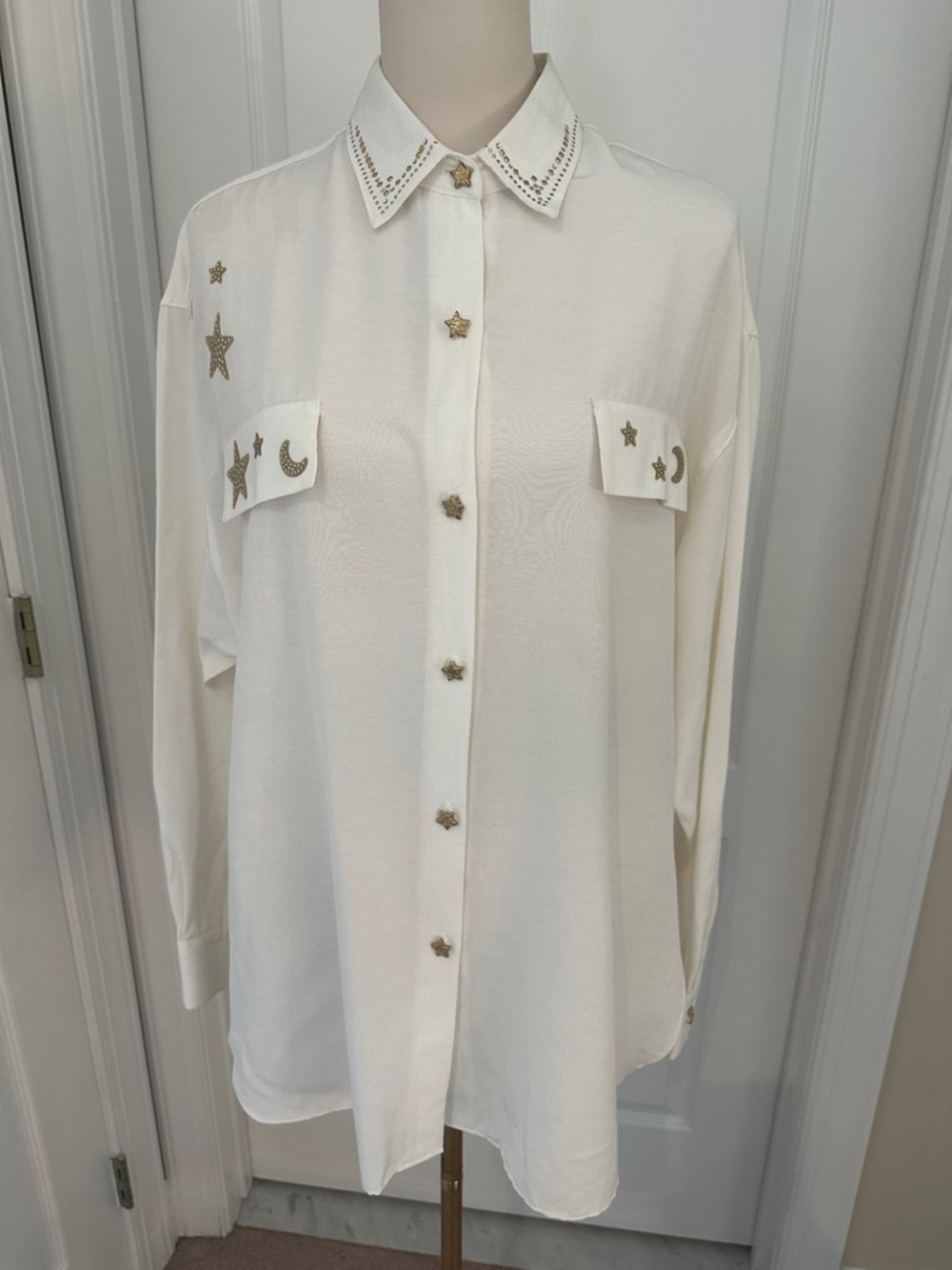 Vintage, Rare C.O.D. La Embellished Star & Moon Button-Front Ivory Blouse Sz L